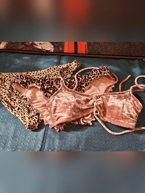 Bundle 3 Piece Swim: Velvet Tie-Front Bikini Top with Two Leopard Print Bottoms